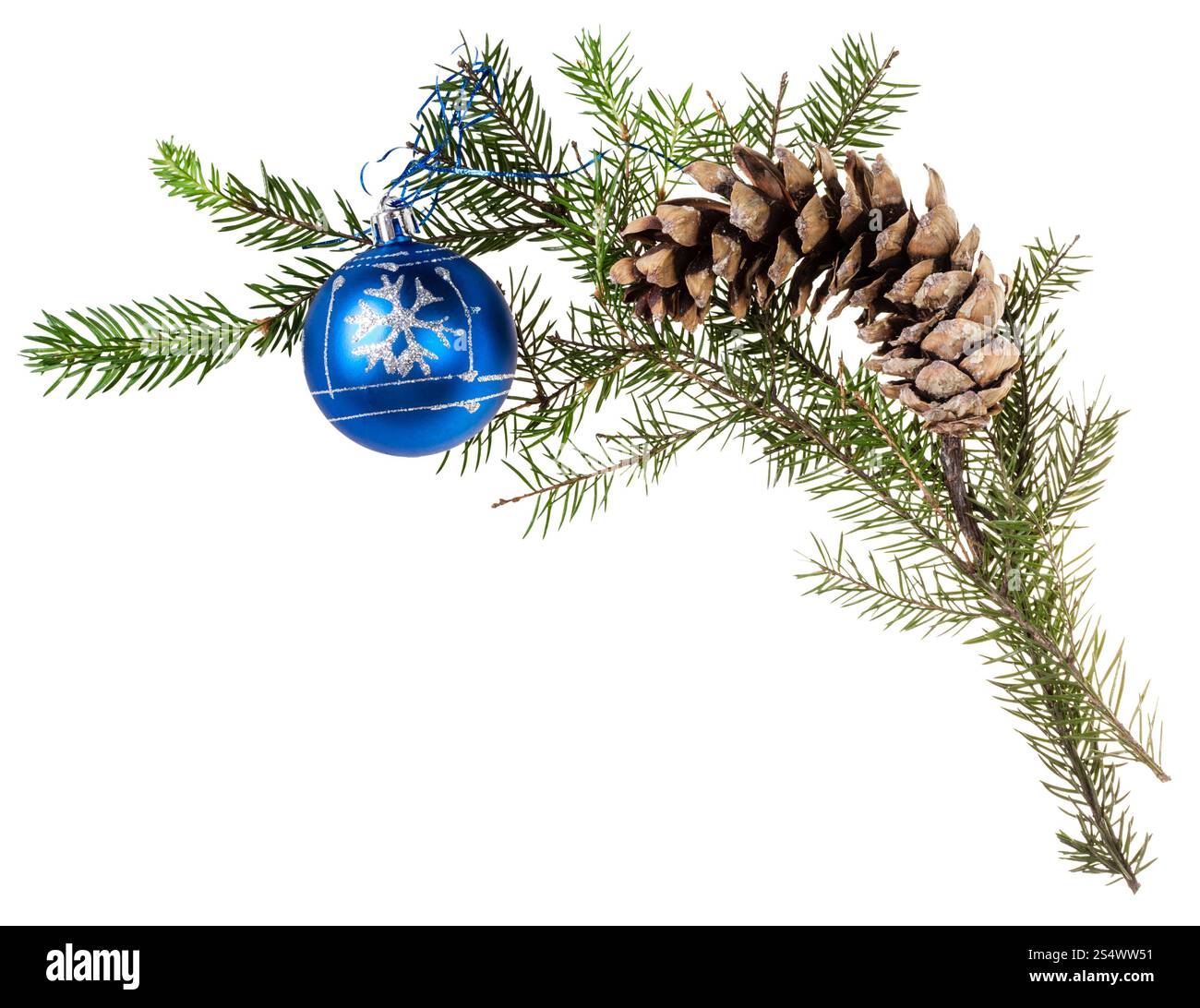 Dettaglio del telaio di natale - ramo di albero di abete rosso con cono e sfera blu su sfondo bianco Foto Stock