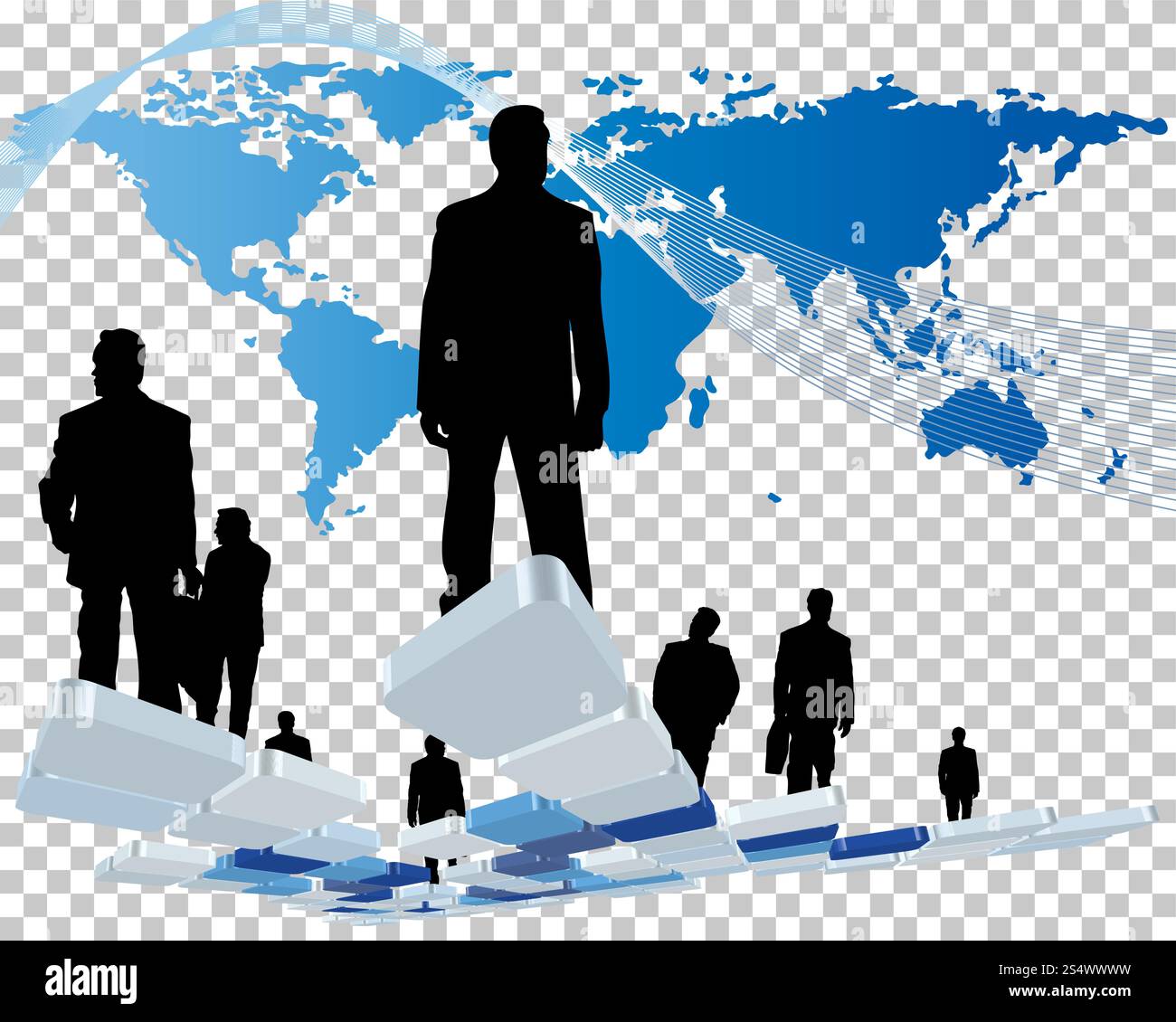 In tutto il mondo azienda tema con sagome di uomo e mappa. Illustrazione Vettoriale. Illustrazione Vettoriale