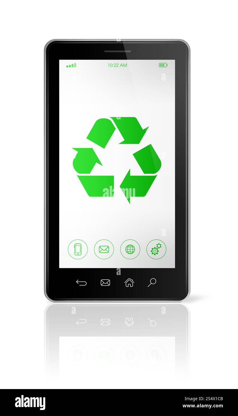 Smartphone 3D con simbolo di riciclaggio sullo schermo. concetto ecologico. Smartphone con simbolo di riciclaggio sullo schermo. concetto ecologico Foto Stock