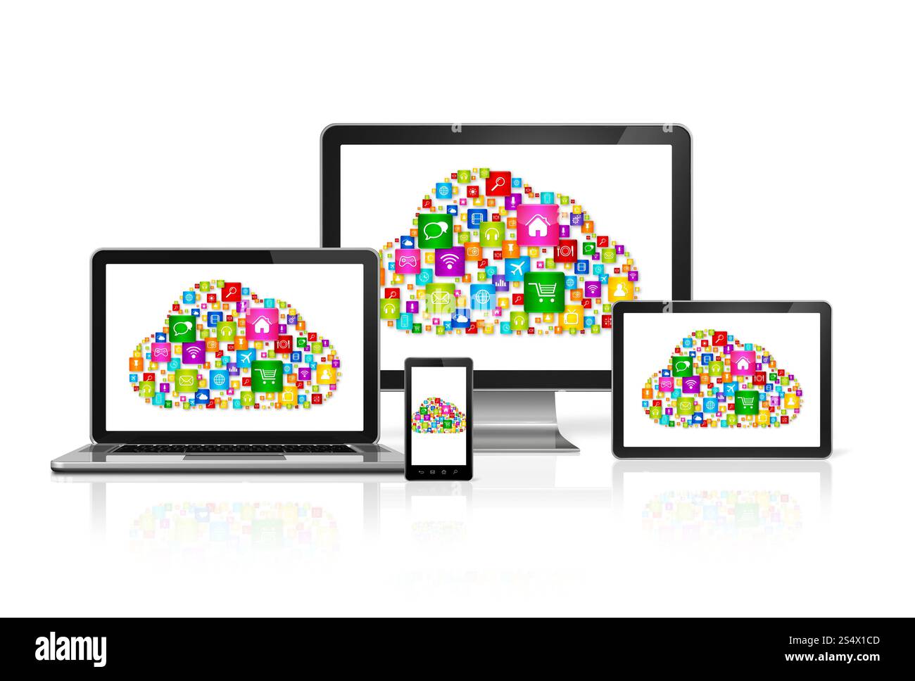 Simbolo di cloud computing 3D nel computer set. Simbolo del cloud computing nel computer set Foto Stock