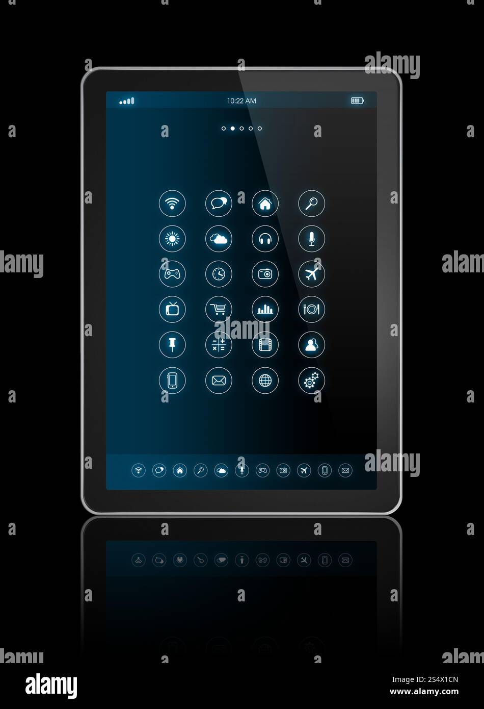 Tablet digitale 3D con interfaccia per icone di app - isolato sul nero con percorso di ritaglio. interfaccia tablet digitale con icone app Foto Stock