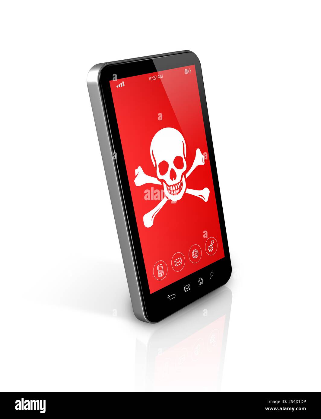 Smartphone 3D con il simbolo del pirata sullo schermo. Concetto di hacking. smartphone con il simbolo del pirata sullo schermo. Concetto di hacking Foto Stock