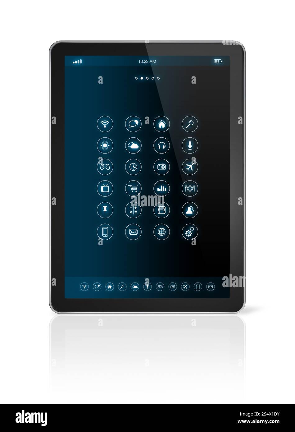 Tablet pc 3D con interfaccia per icone di app - isolato su bianco con percorso di ritaglio. interfaccia tablet pc con icone app Foto Stock