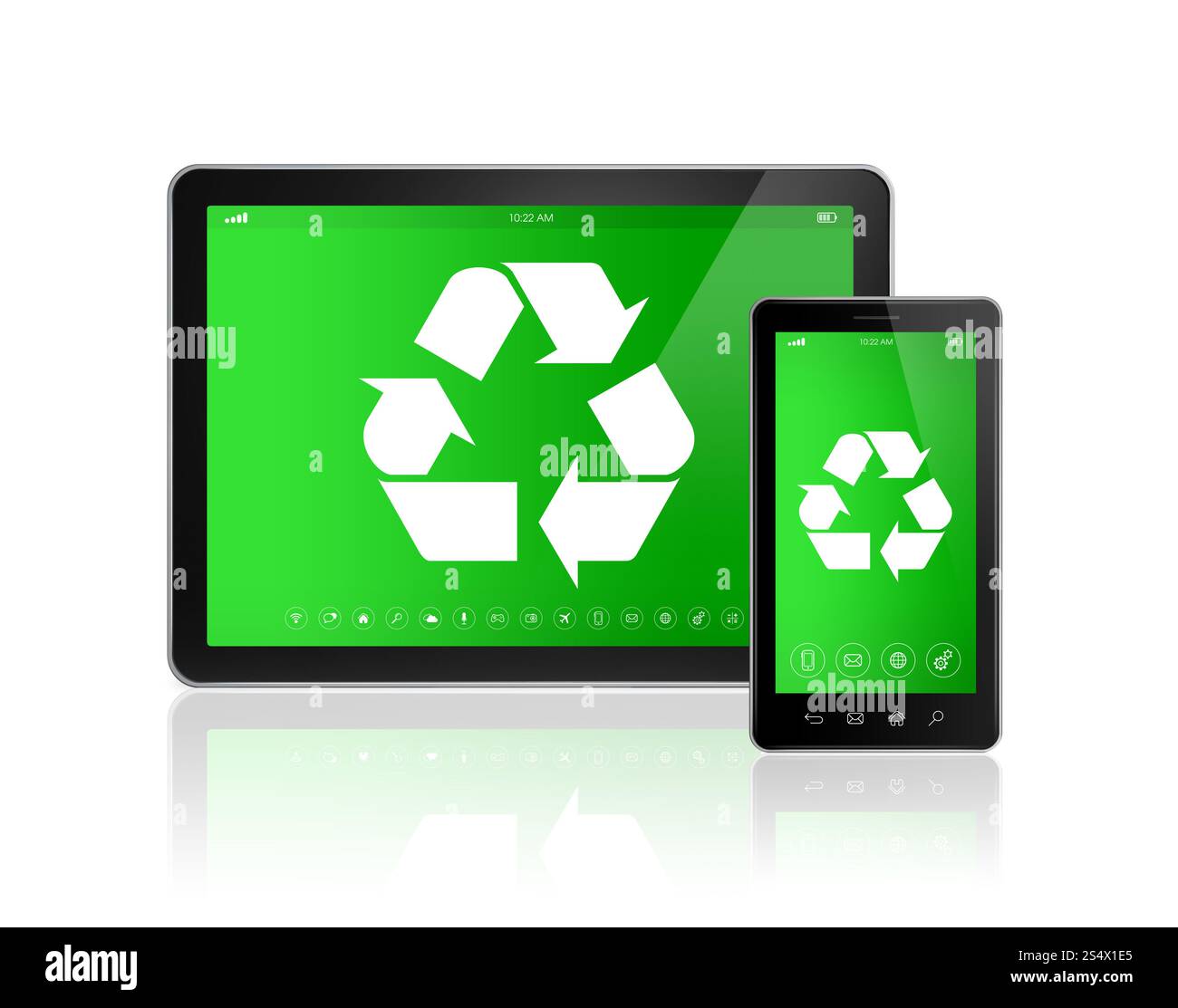 Tablet PC digitale 3D con simbolo di riciclaggio sullo schermo. concetto di conservazione ambientale. Tablet PC digitale con simbolo di riciclaggio sullo schermo. Foto Stock