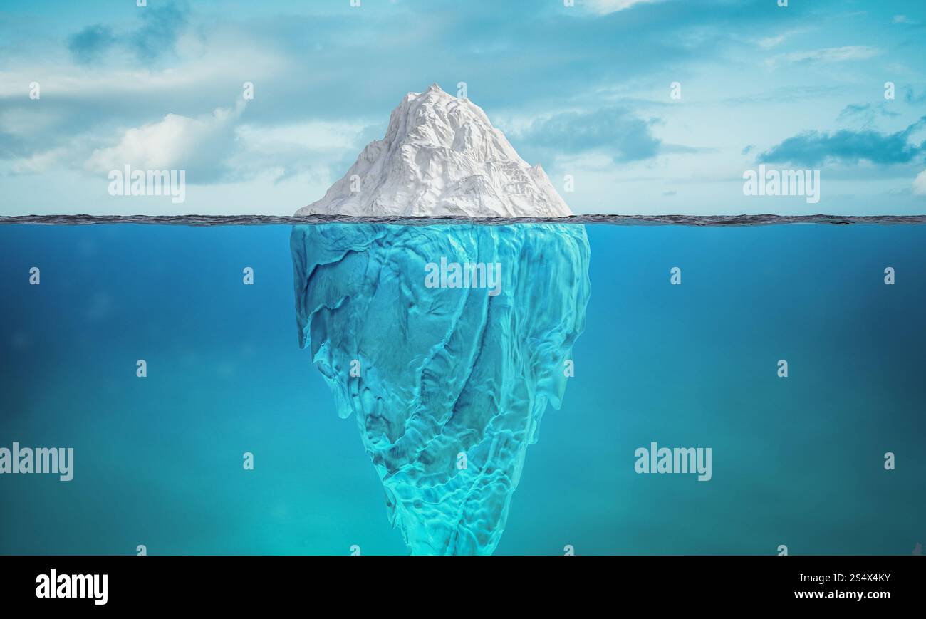 Grande iceberg galleggiante con profondità sott'acqua nascosta in Ocean 3d. Foto Stock