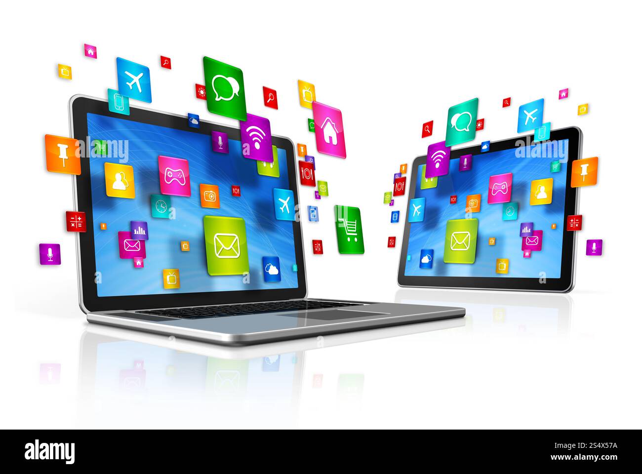 Icone 3D che volano intorno a tablet PC e notebook digitali. Icone che volano intorno a tablet PC e notebook digitali Foto Stock