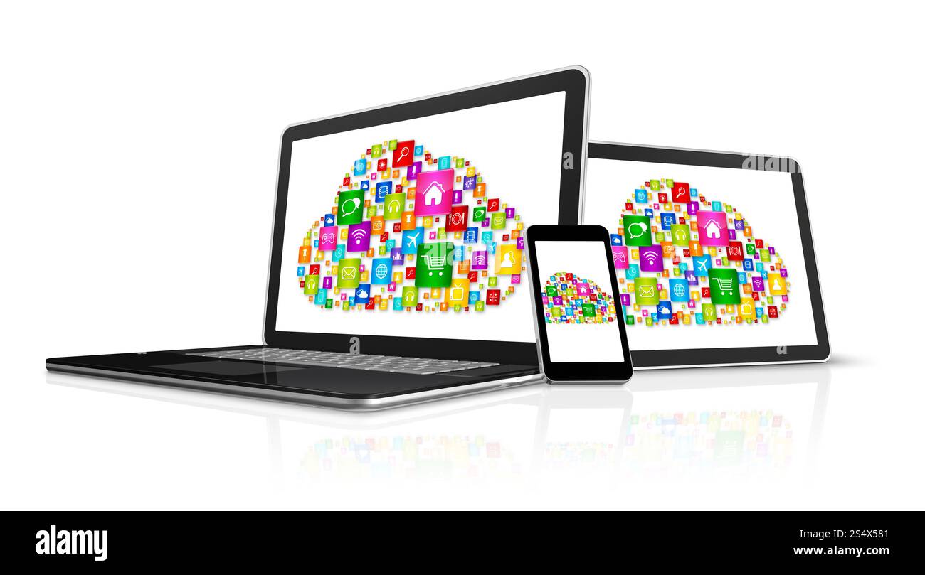 Simbolo del cloud computing 3D nei dispositivi elettronici. Simbolo del cloud computing nei dispositivi elettronici Foto Stock