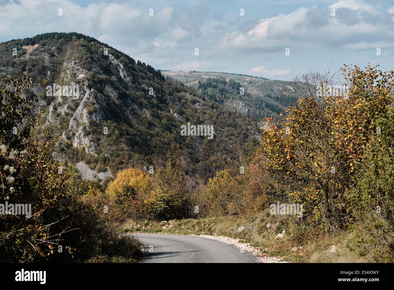 Una tortuosa strada di montagna lastricata nella stagione autunnale dorata. Splendida natura della Serbia sud-occidentale. C'è un piccolo villaggio sulla montagna con un'atmosfera accogliente Foto Stock