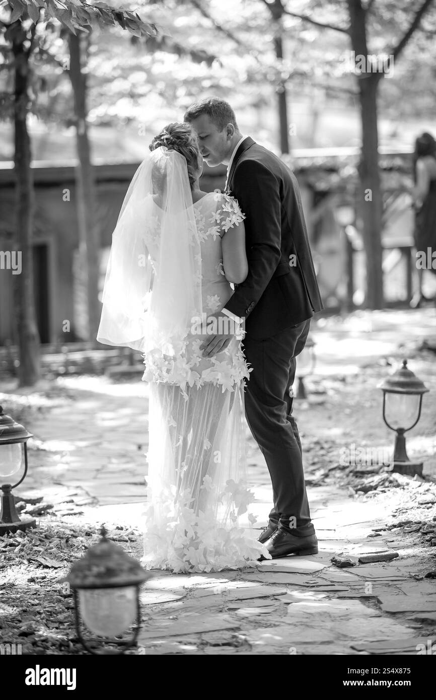 Foto in bianco e nero dal retro della sposa e dello sposo che camminano nel parco Foto Stock Foto in bianco e nero dal retro della sposa e dello sposo che camminano nel parco Foto Stock