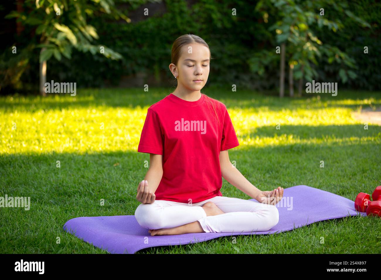 Bella ragazza teen la pratica dello yoga di erba in posizione di parcheggio Foto Stock Bella ragazza teen la pratica dello yoga di erba in posizione di parcheggio Foto Stock