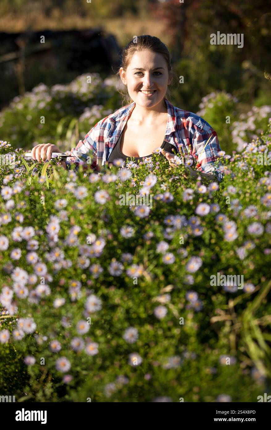 Bella donna sorridente la potatura di fiori in giardino con cesoia Foto Stock