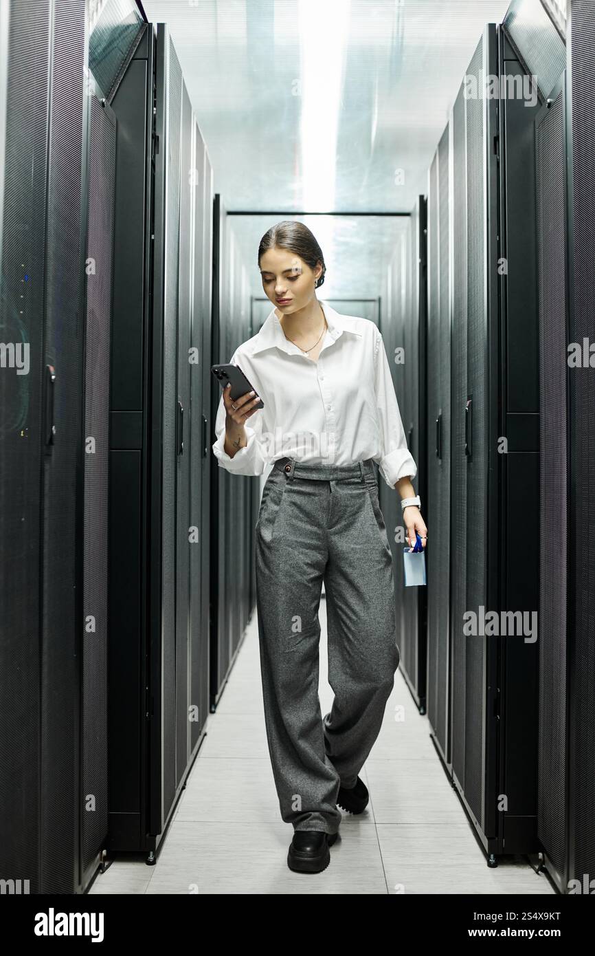 Una donna con una camicia bianca naviga in una sala server, monitorando i sistemi e garantendo la sicurezza. Foto Stock