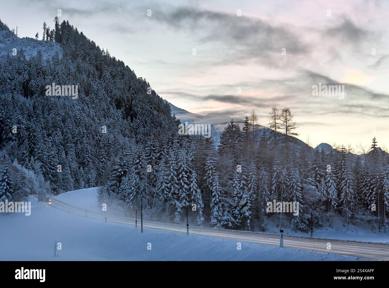 Strada serale, foresta invernale di abeti innevati e inizio montagna. Foto Stock