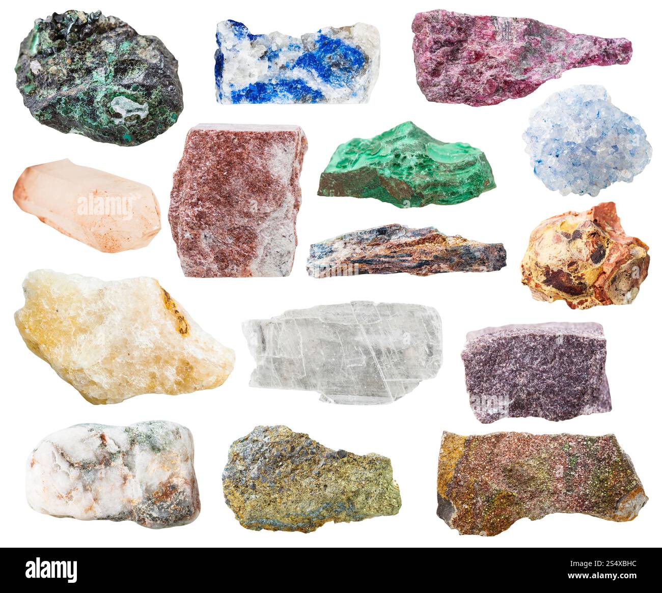 molte rocce e pietre naturali - lazurite, bauxite, eudialiti, alunite, scisto, malachite, pirite, quarzo, aventurina, celestina, celestite, calcite, Foto Stock