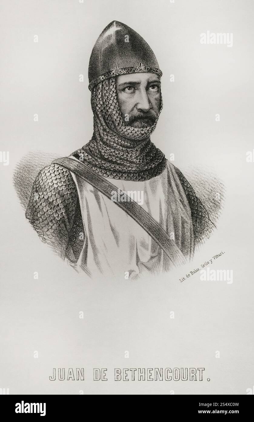 Jean de Béthencourt (ca. 1362-1425). esploratore normanno che guidò una spedizione alle Isole Canarie nel 1402, sbarcando prima sulla costa settentrionale di Lanzarote. Da lì conquistò le isole di Fuerteventura (1405) e El Hierro per la Castiglia, sconfiggendo i loro capi locali. Béthencourt divenne signore delle Isole Canarie (1404-1425). Verticale. Litografia. Crónica General de España, Historia Ilustrada y Descriptiva de sus Provincias (Cronaca generale di Spagna, illustrata e descrittiva storia delle sue Province), Canarie, 1871. Foto Stock