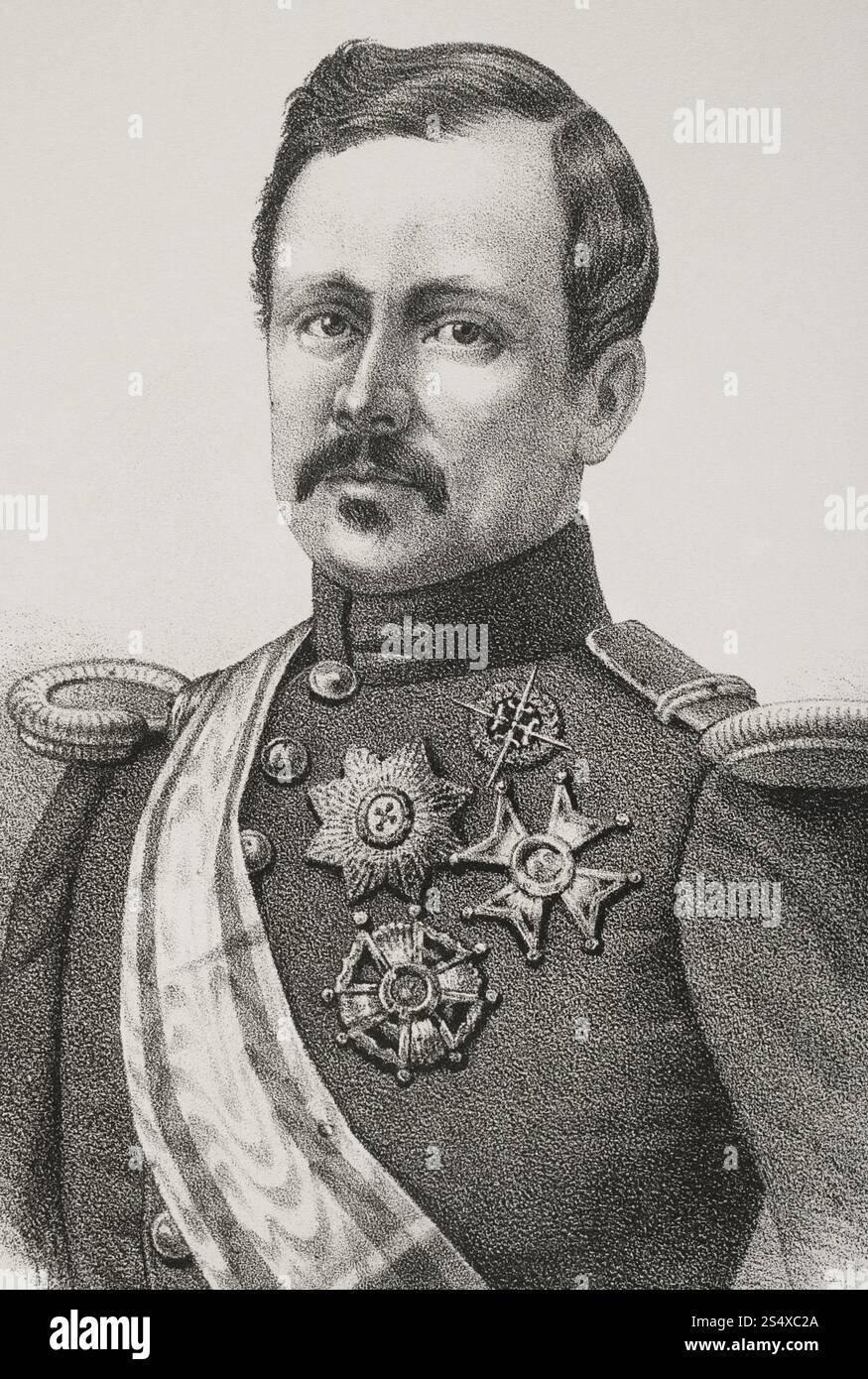 Rafael Echagüe y Bermingham (1815-1887), i conte di Serrallo. Generale e politico spagnolo. Governatore di Porto Rico (1860-1862) e delle Filippine (1862-1865). Verticale. Disegno di Salcedo. Litografia. Dettagli. Crónica General de España, Historia Ilustrada y Descriptiva de sus Provincias (Cronaca generale di Spagna, illustrata e descrittiva storia delle sue Province), Filippine, 1871. Foto Stock