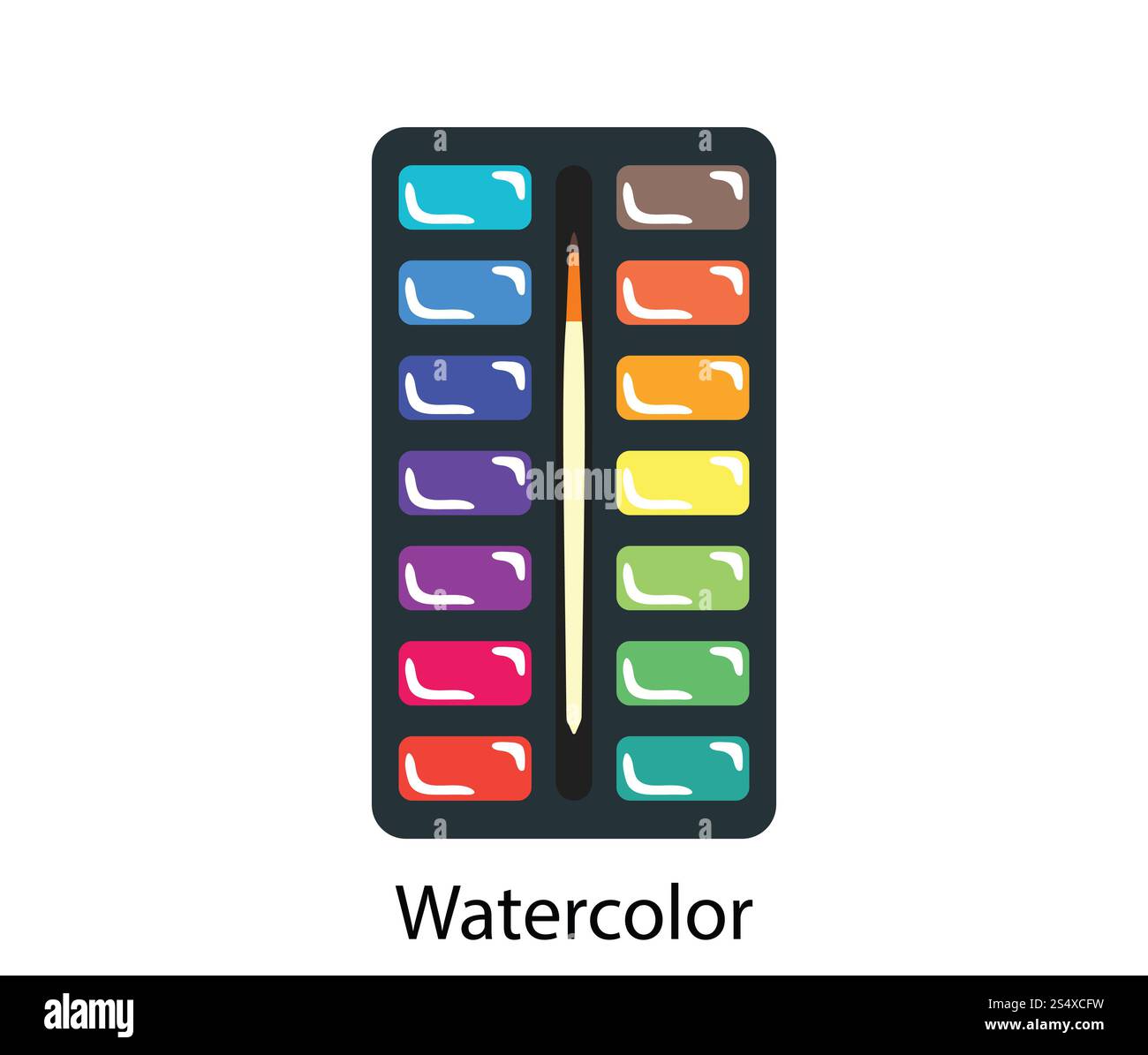 Icona della scatola di pittura ad acquerello. Design piatto a colori. Foto Stock