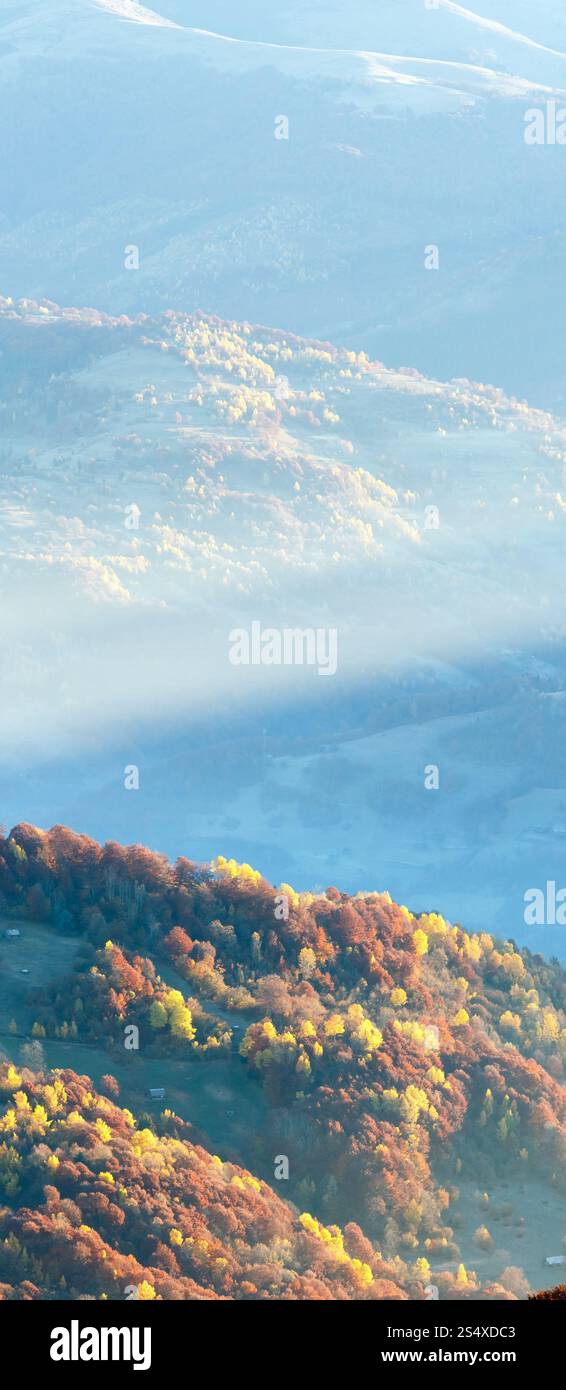 Sunbeam e autunno foschia mattutina vista montagna con alberi colorati sul pendio. Foto Stock