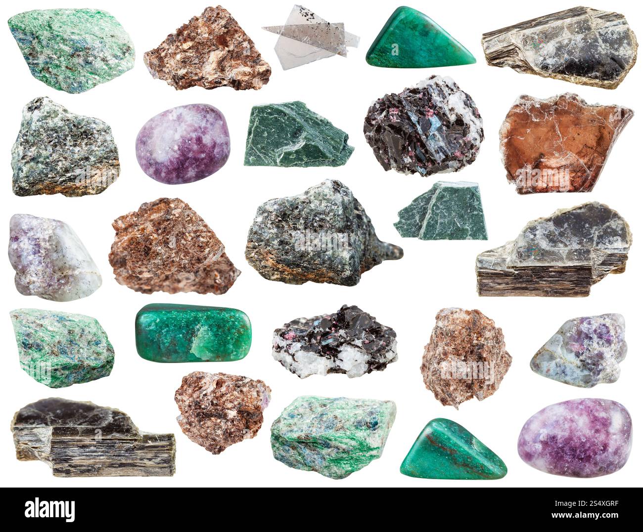 insieme di varie pietre minerali naturali - varie pietre preziose e rocce di mica ( phlogopite, muscovite, phyllite, fuchsite, cromo mica, biotite, Foto Stock