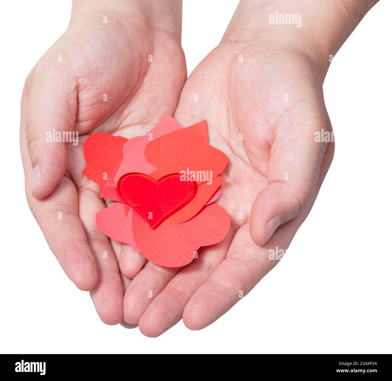 Un cuore rosso sopra la pila di carta cuori sulle palme maschio isolato su sfondo bianco Foto Stock