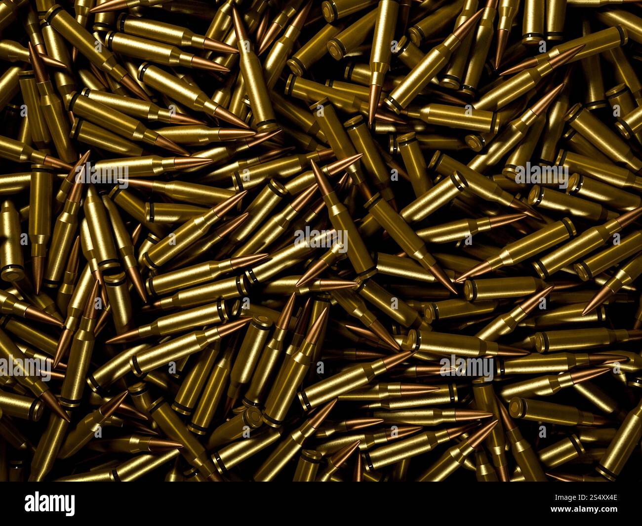 Primo piano sullo sfondo di un mucchio di fucile lucido proiettili Foto Stock