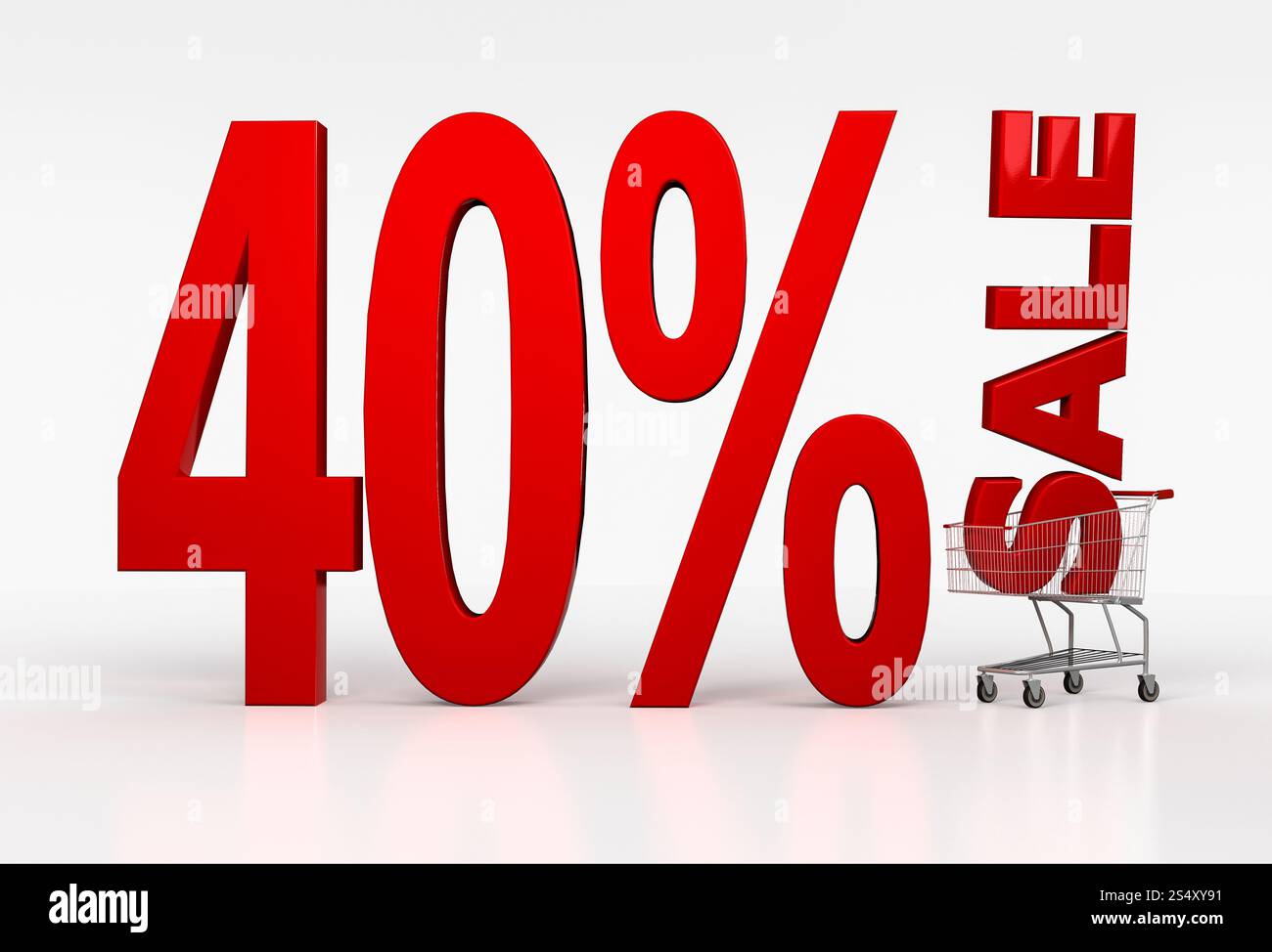 Big Red testo di 40 sconto percentuale nel carrello bianco su sfondo lucido. 3D render Foto Stock