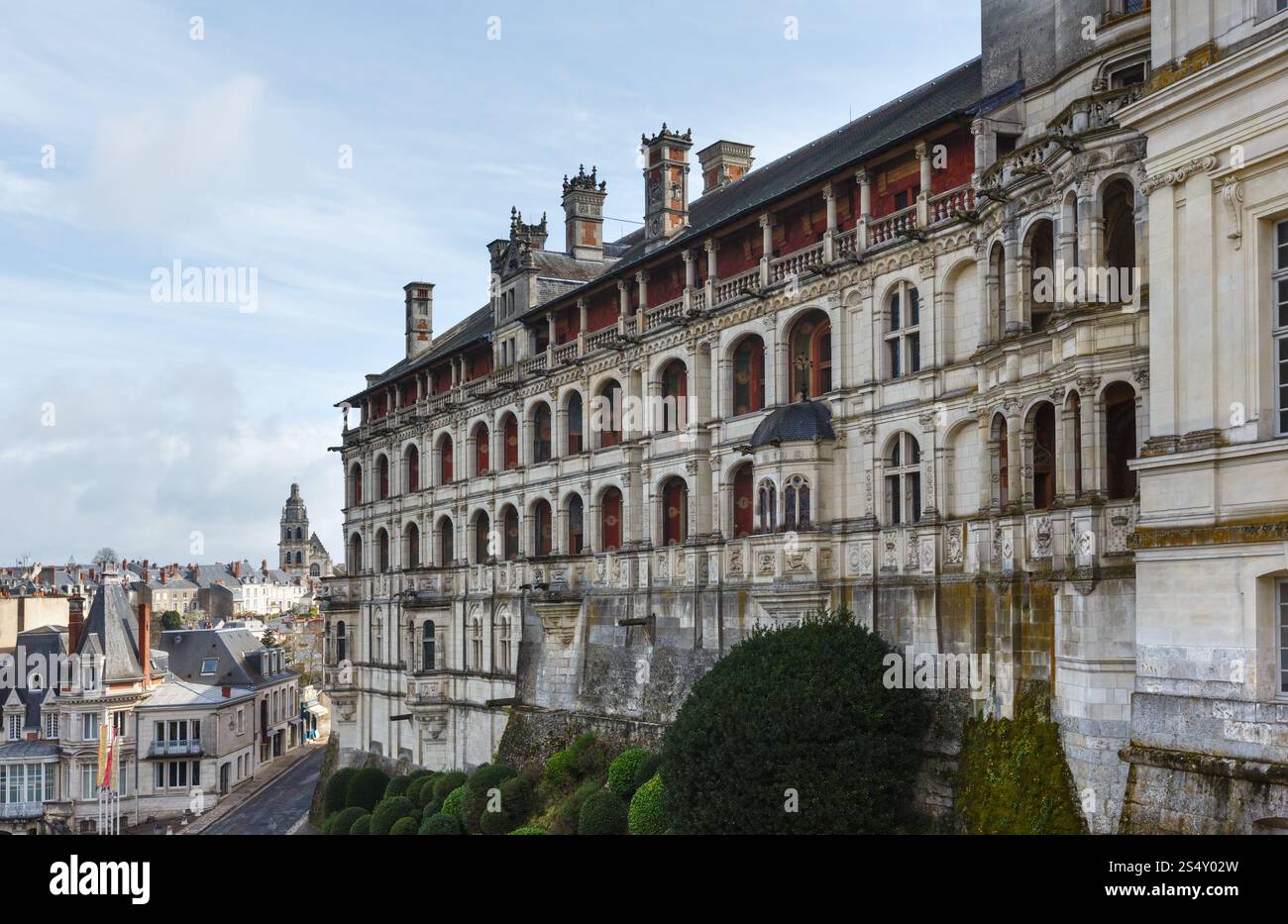 Paesaggio urbano di Blois e parte posteriore dell'ala di Francesco i (costruita nel 1515). Castello reale di Blois nella Valle della Loira, Francia. Foto Stock