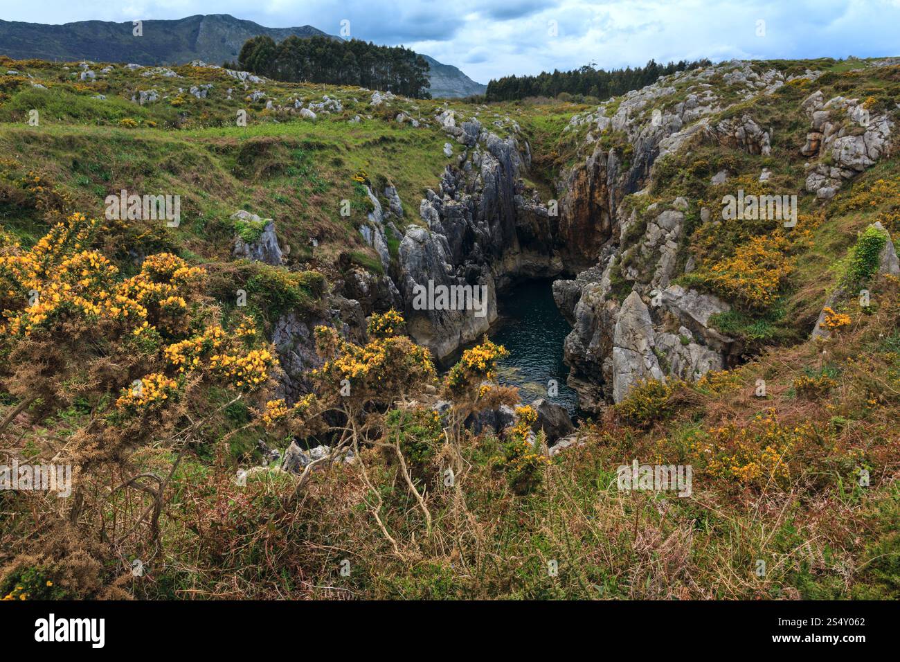 Golfo di Biscaglia estate costa rocciosa vista, Spagna, Asturias, vicino Camango. Foto Stock