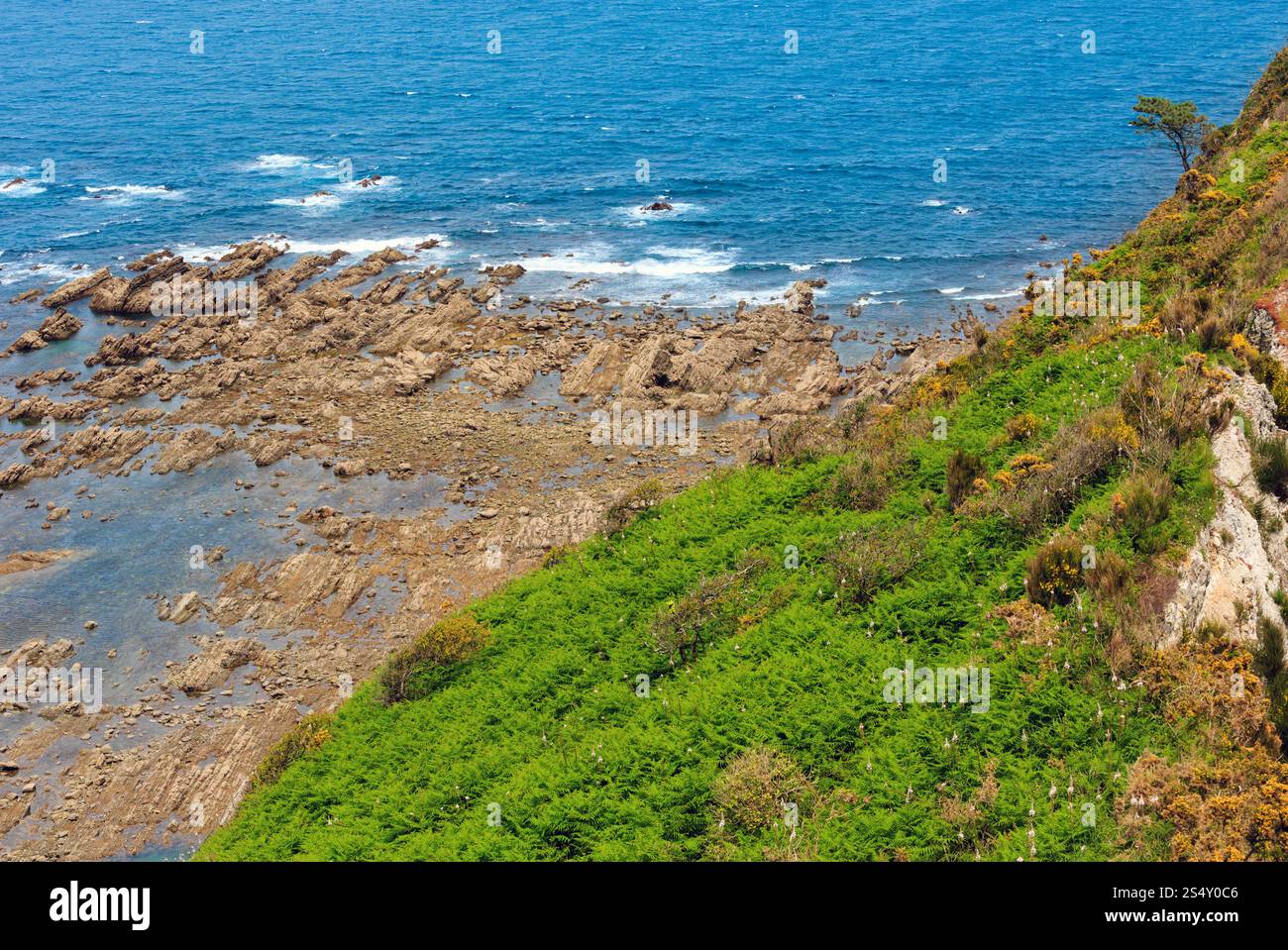 Estate Oceano atlantico (baia di Biscaglia) costa con formazioni di roccia vicino a riva . Foto Stock