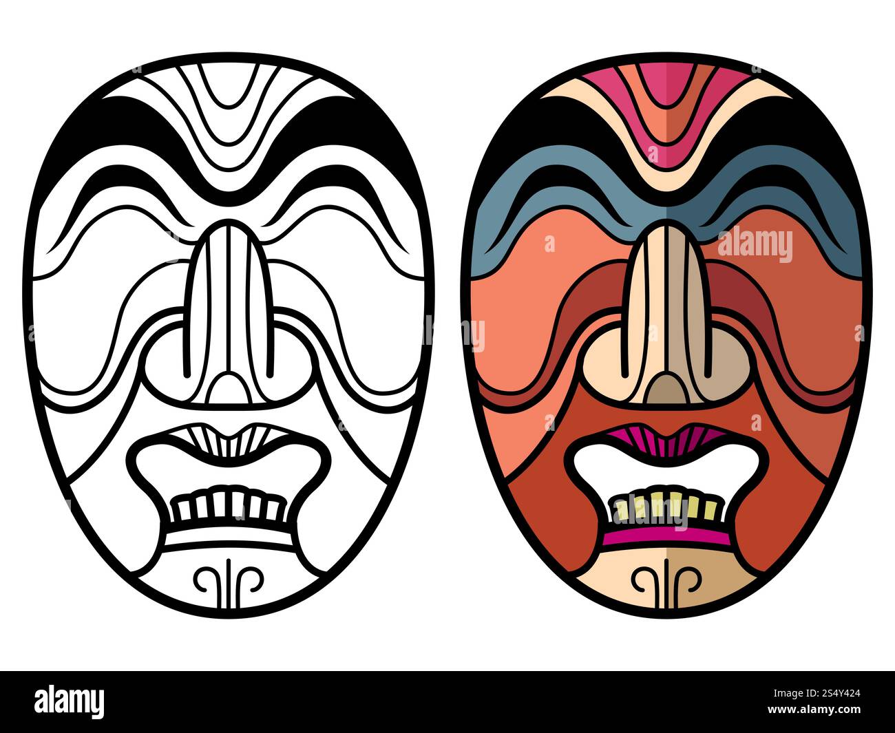 Maschere tradizionali azteche messicane isolate su sfondo bianco. Pagina di colorazione della maschera africana. Illustrazione vettoriale. Maschere tradizionali azteche messicane Illustrazione Vettoriale
