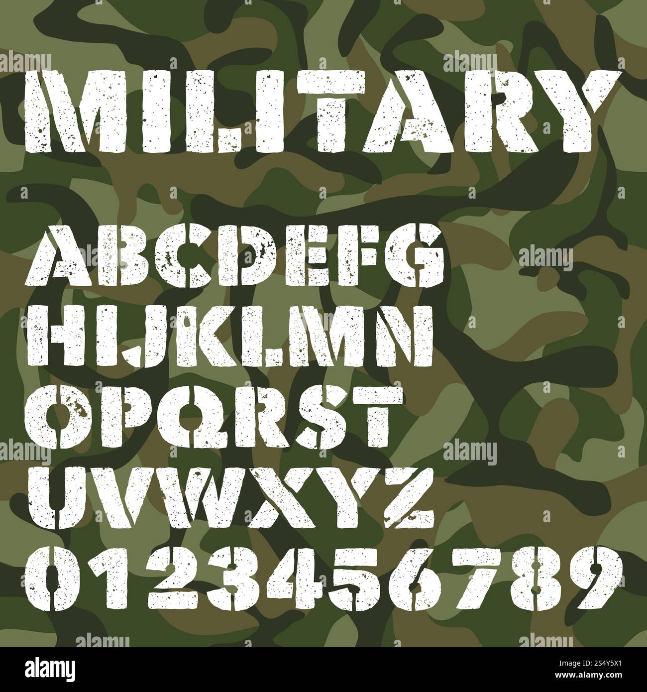 Vecchio alfabeto militare, lettere e numeri in grassetto su sfondo mimetico verde dell'esercito. Carattere vettoriale stencil. Carattere alfabetico vettoriale, lettere militari dell'esercito e illustrazione del tipo di carattere. Vecchio alfabeto militare, lettere e numeri in grassetto su sfondo mimetico verde dell'esercito. Carattere vettoriale stencil Illustrazione Vettoriale