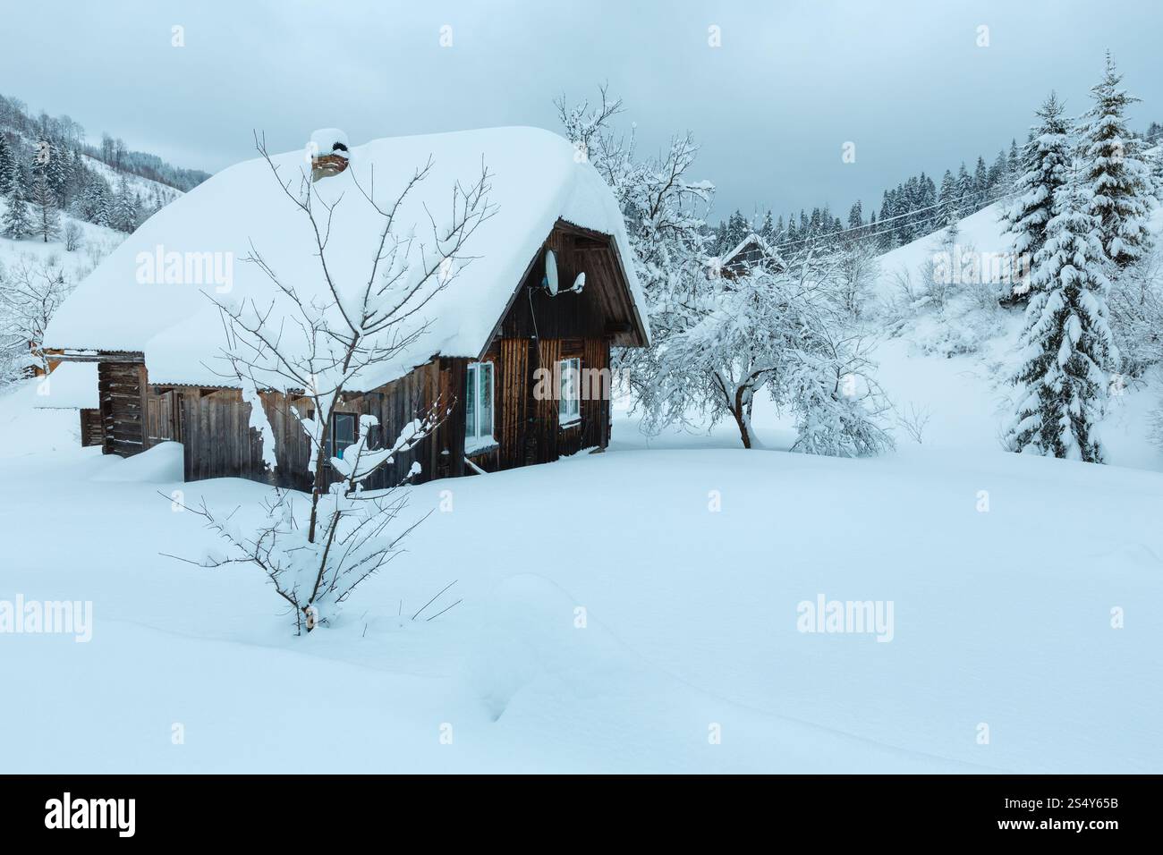 Rustico casa in legno in cumuli di neve sulle piste da sci in inverno ucraino Montagne dei Carpazi in nuvoloso meteo. Foto Stock