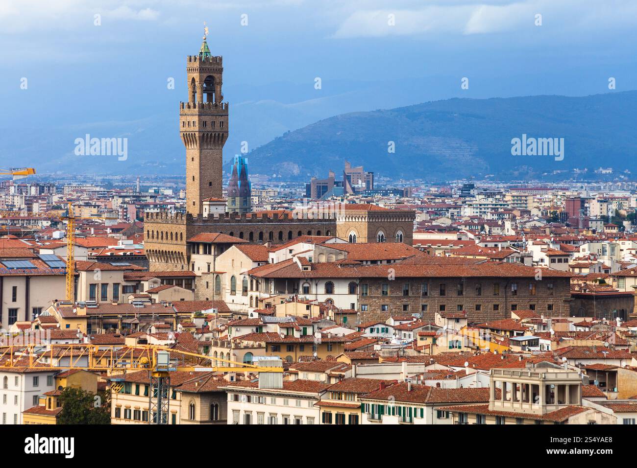 Viaggiare in Italia - skyline della città di Firenze con Palazzo Vecchio dal Piazzale Michelangelo Foto Stock