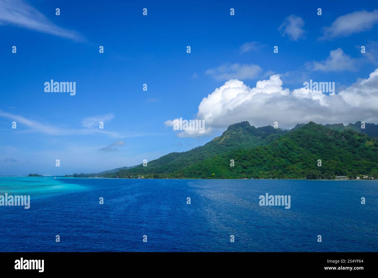 Isola di Moorea e paesaggio lagunare dell'oceano Pacifico. Polinesia francese. Isola di Moorea e paesaggio lagunare dell'oceano pacifico Foto Stock