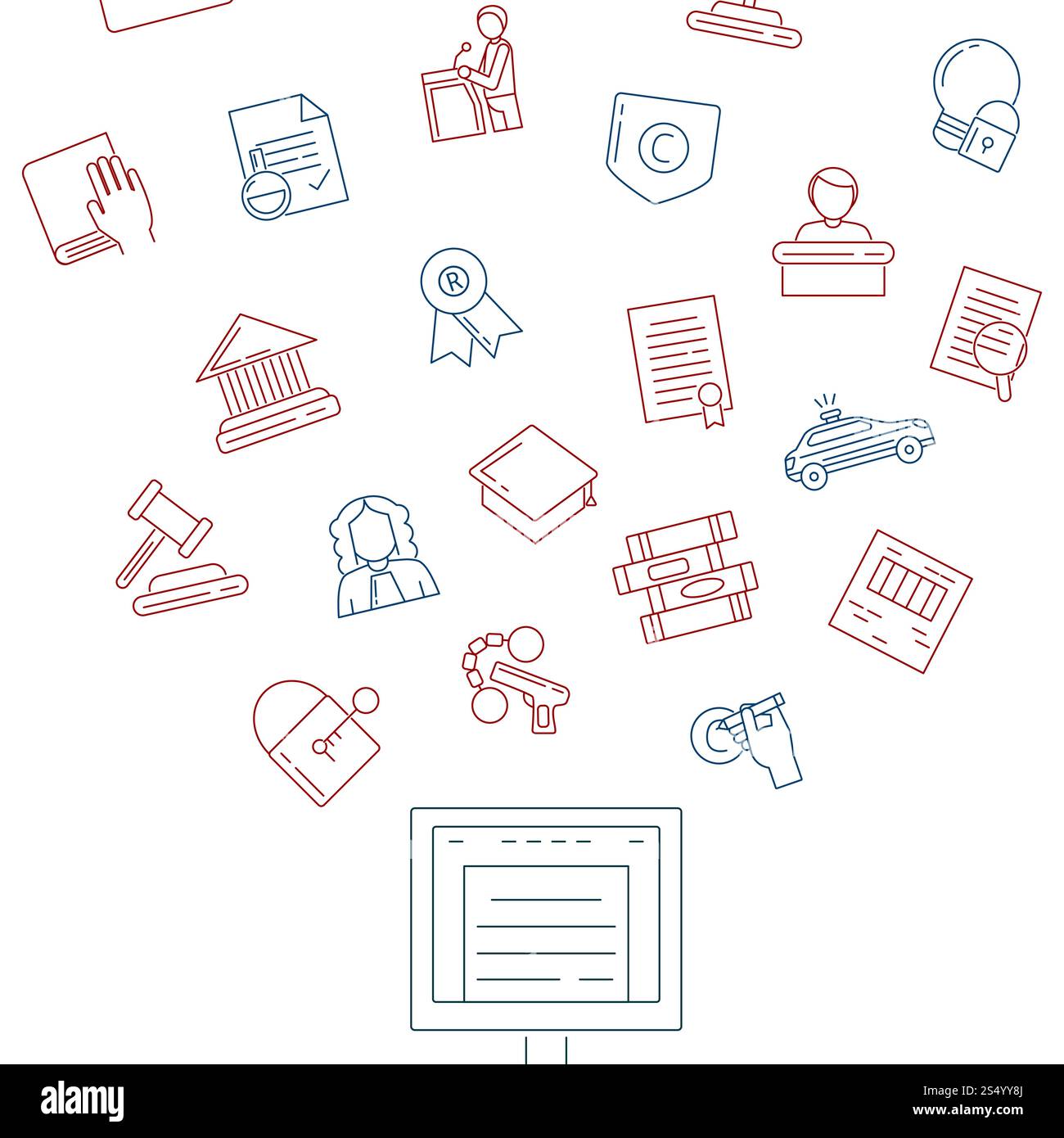Elementi di copyright in stile lineare vettoriale che volano fuori dall'illustrazione del monitor del computer. Elementi di copyright stile lineare vettoriale Illustrazione Vettoriale