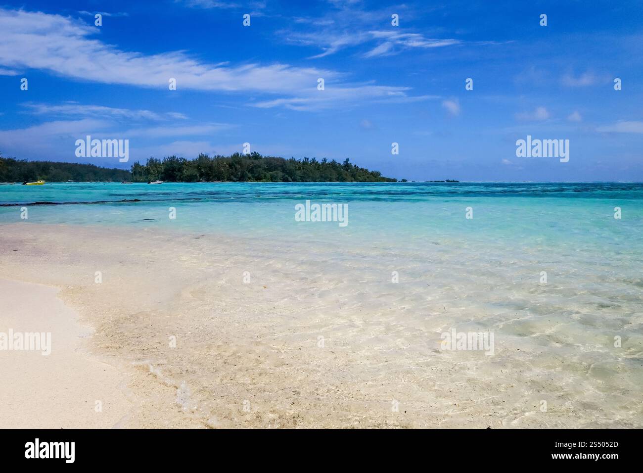 Spiaggia tropicale di sabbia bianca e laguna sull'Isola di Moorea. Polinesia francese. Spiaggia tropicale di sabbia bianca e laguna sull'Isola di Moorea Foto Stock