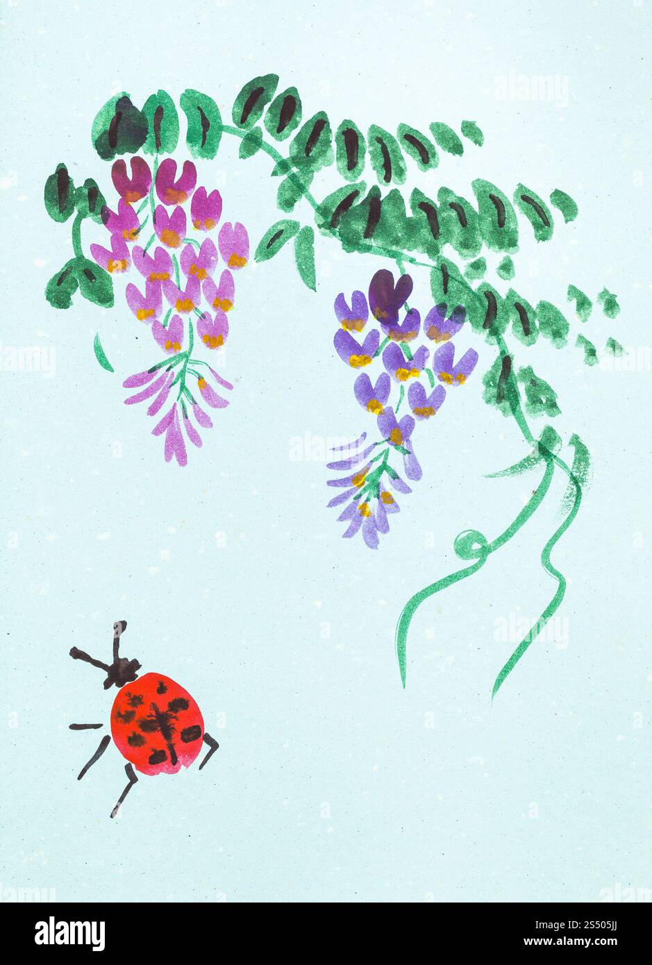 La formazione di disegno in stile suibokuga con vernici ad acquerello - fioritura di piante di glicine e coccinella sul blu carta colorata Foto Stock
