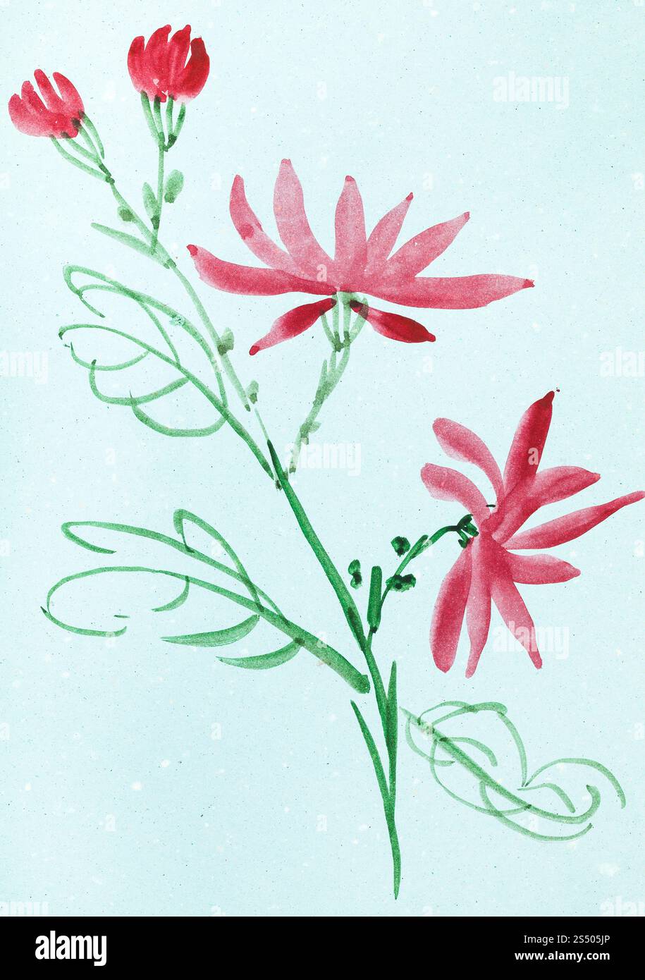 La formazione di disegno in stile suibokuga con vernici ad acquerello - fiori rossi e blu su carta colorata Foto Stock