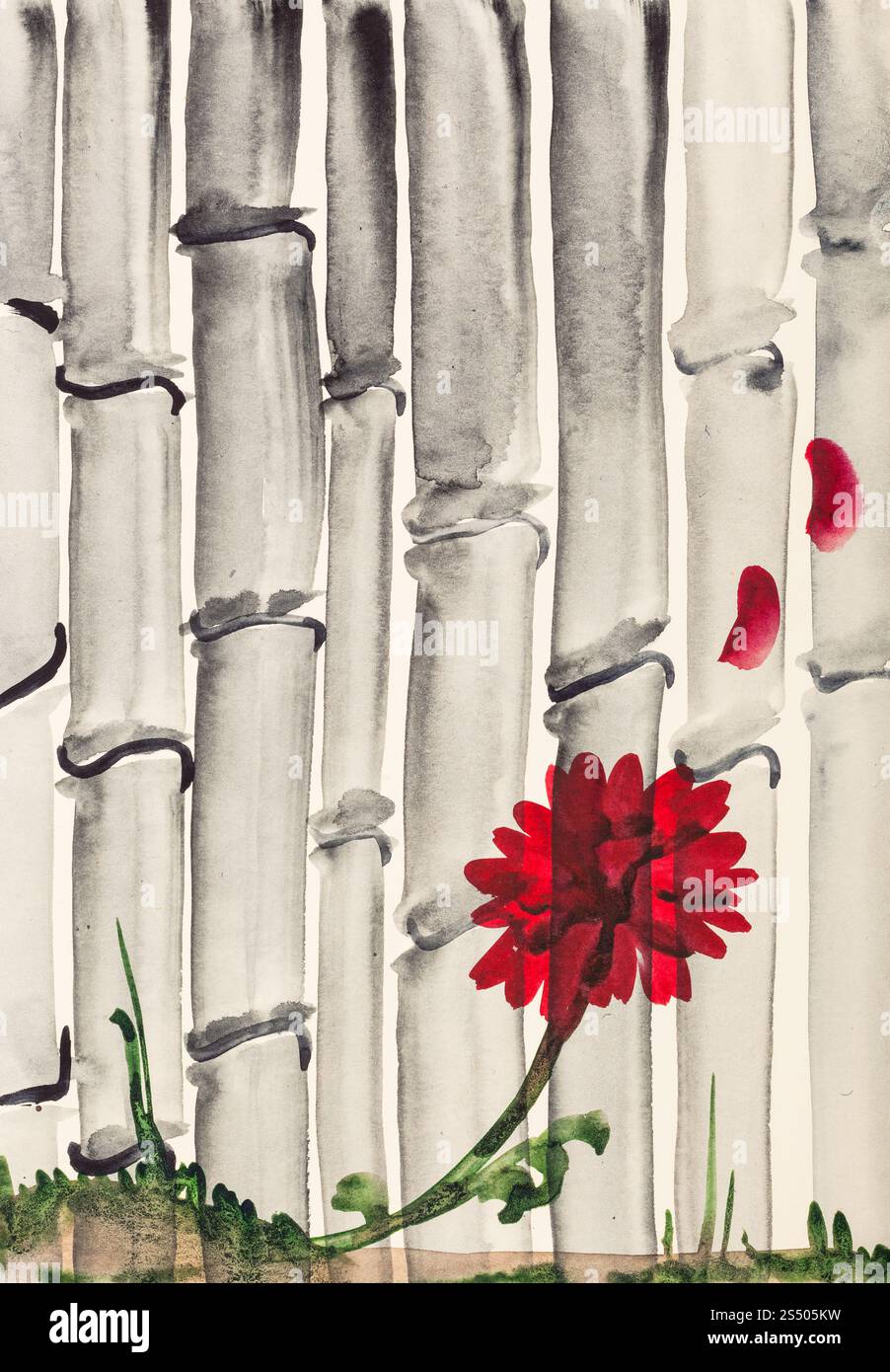 La formazione di disegno in stile suibokuga con vernici ad acquerello - rosso crisantemo fiore e boschetto di bambù su avorio carta colorata Foto Stock