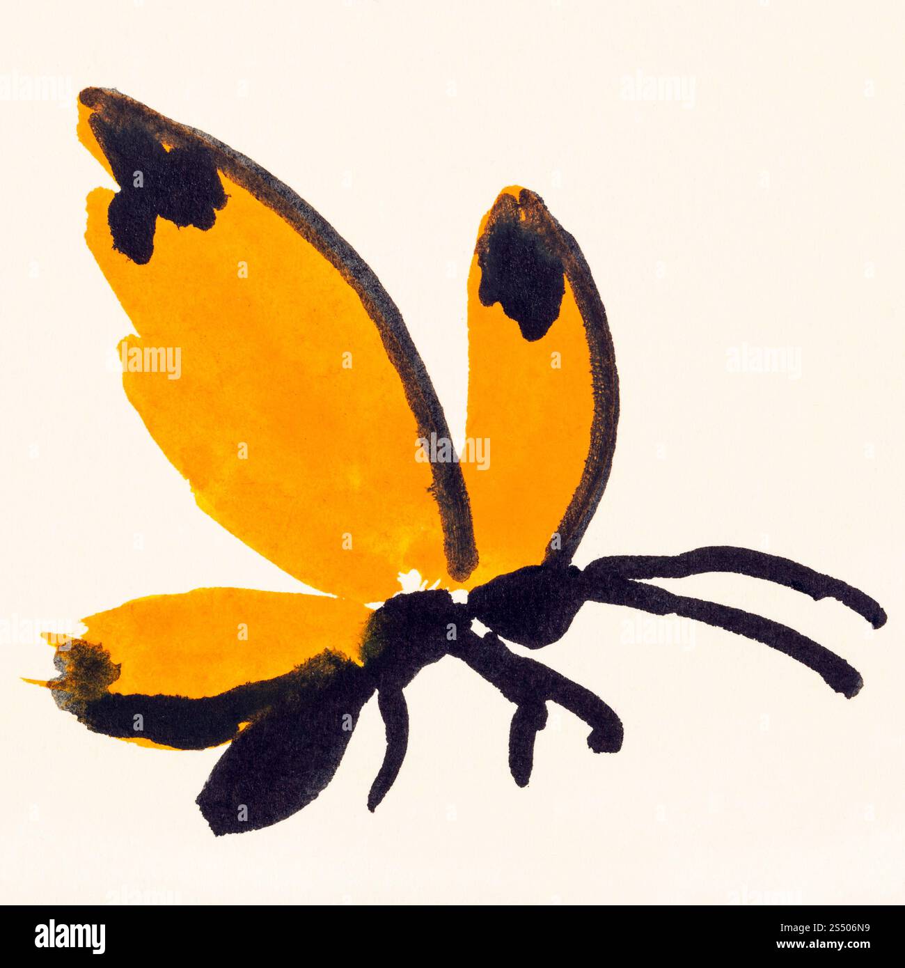 Disegno di formazione in suibokuga sumi-e stile con vernici ad acquerello - butterfly con Orange Wings dipinta a mano sulla crema di carta colorata Foto Stock