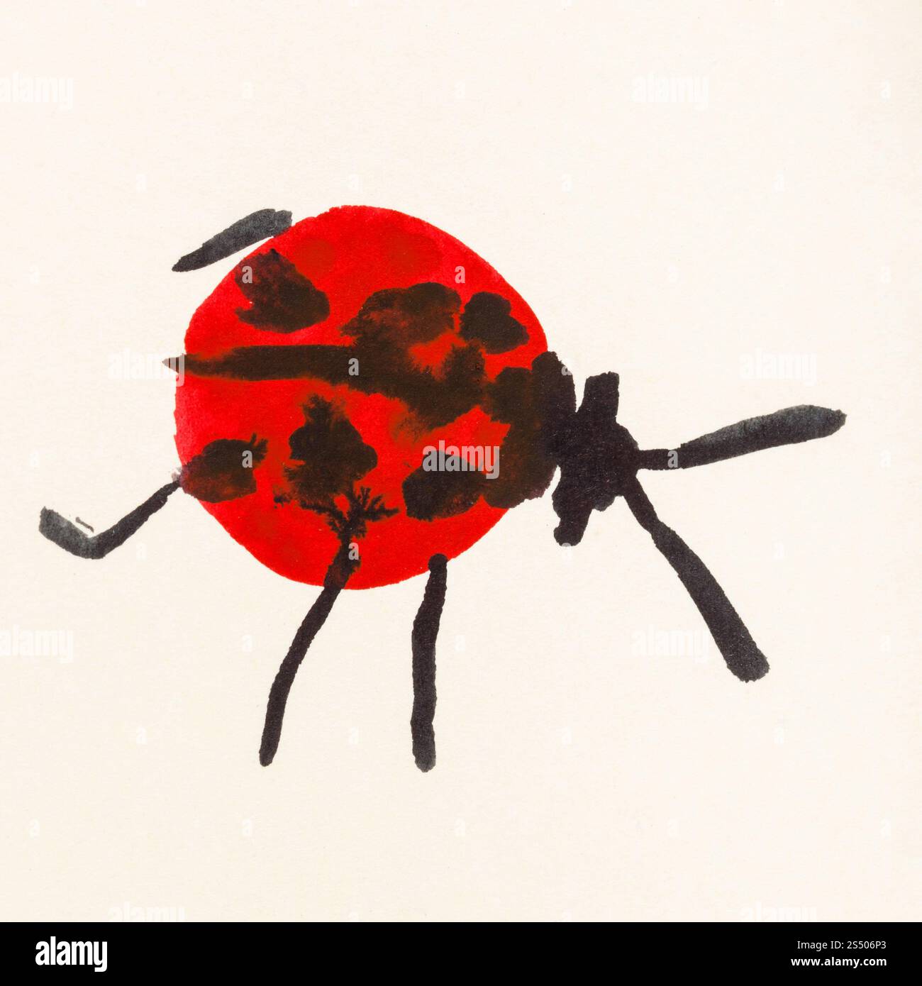 Disegno di formazione in suibokuga sumi-e stile con vernici ad acquerello - Red Ladybug dipinta a mano sulla crema di carta colorata Foto Stock