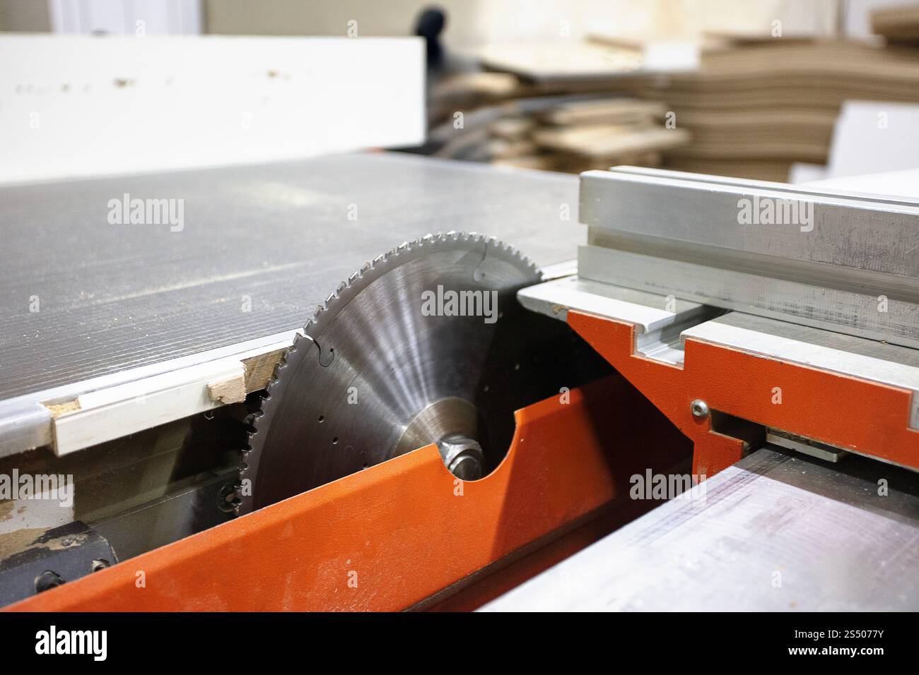 Primo piano della lama per sega circolare in azione in un'officina di produzione di mobili che presenta macchinari industriali e per la lavorazione del legno di precisione Foto Stock