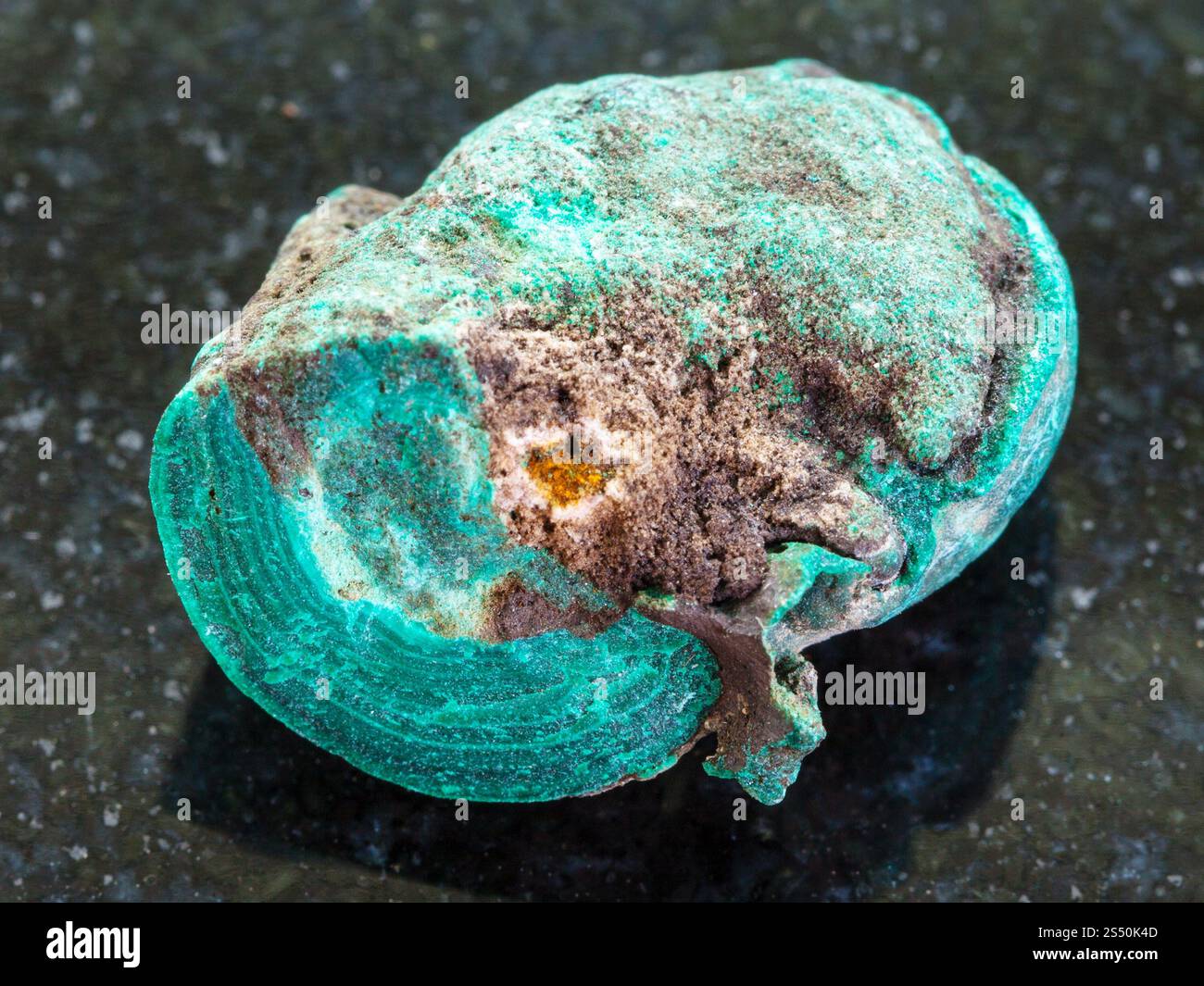 Le riprese in modalità macro di minerale naturale campione di roccia - malachite sulla pietra di granito scuro dello sfondo Foto Stock