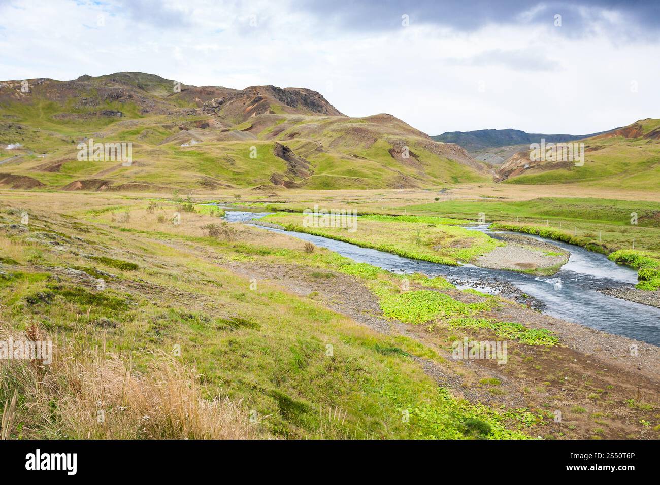 Viaggio in Islanda - vista della valle verde con Varma fiume di Hveragerdi Hot Spring River Trail area in settembre Foto Stock