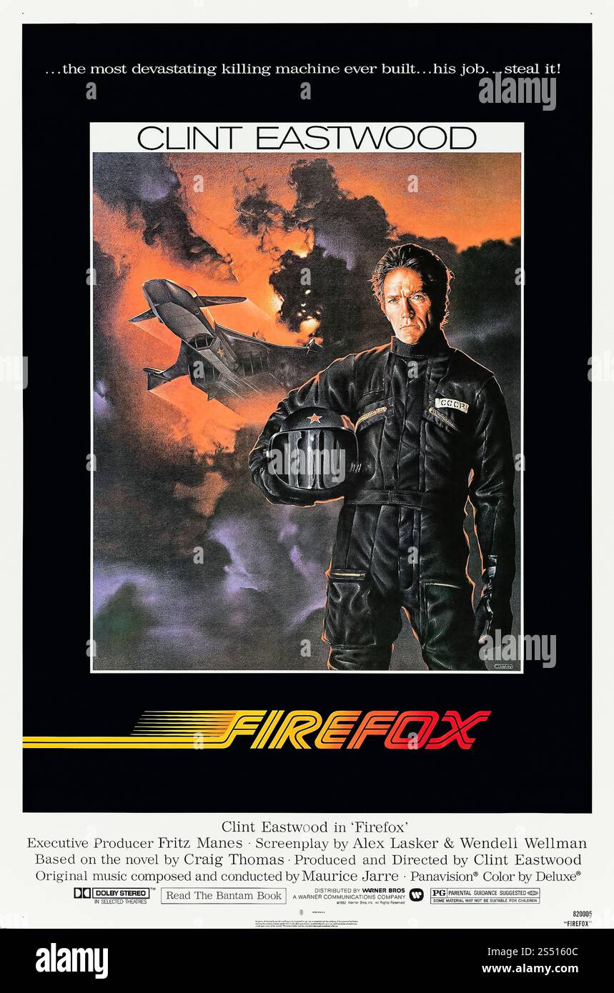 Firefox (1982) diretto da Clint Eastwood e interpretato da Clint Eastwood, Freddie Jones e David Huffman. L'adattamento su grande schermo del romanzo di Craig Thomas su un pilota di aeronautica in pensione viene inviato in Unione Sovietica per rubare un prototipo di caccia a reazione che può essere parzialmente controllato da neuralink. Fotografia di un poster originale degli Stati Uniti del 1973 con un foglio contenente opere d'arte di Charles Demar SOLO PER USO EDITORIALE. Crediti: BFA / Warner Bros Foto Stock