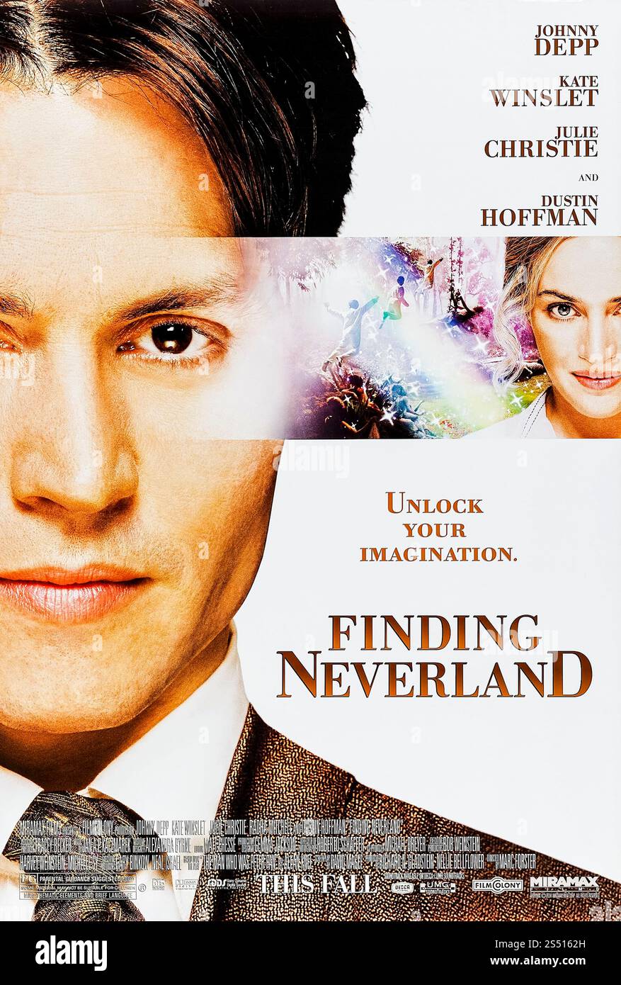 Finding Neverland (2004) diretto da Marc Forster e interpretato da Johnny Depp, Kate Winslet e Julie Christie. Una storia appassionante sul drammaturgo J.M. Barrie e la famiglia che lo ha ispirato a creare Peter Pan. Fotografia di un poster originale del 2004 USA a un foglio SOLO PER USO EDITORIALE. Crediti: BFA / Miramax Films Foto Stock