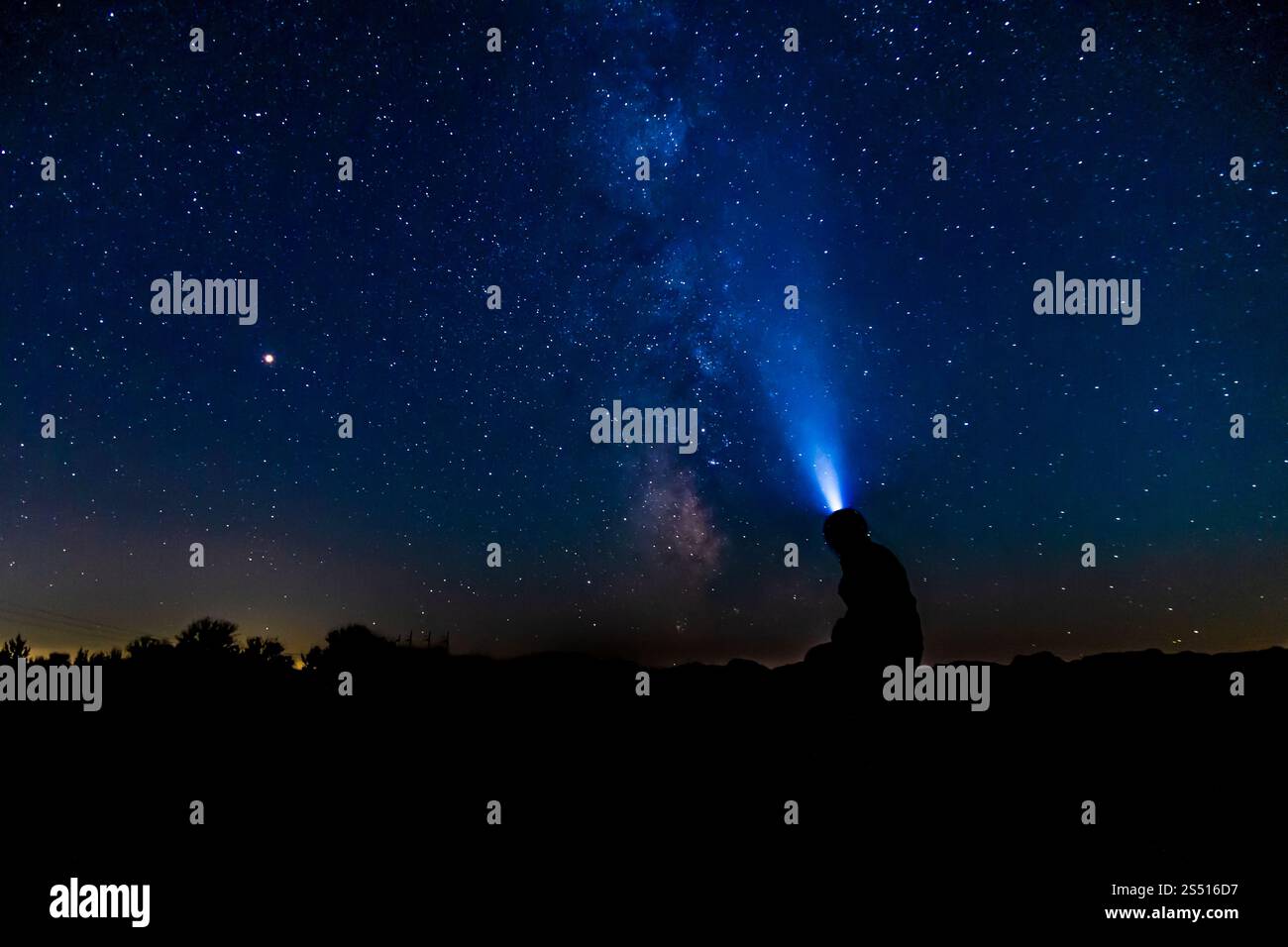 Sagoma di una persona che guarda le stelle sotto la via Lattea di notte Foto Stock