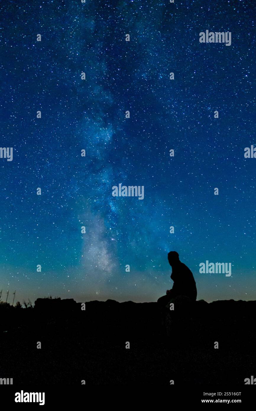 Sagoma di una persona che guarda le stelle sotto la via Lattea di notte Foto Stock