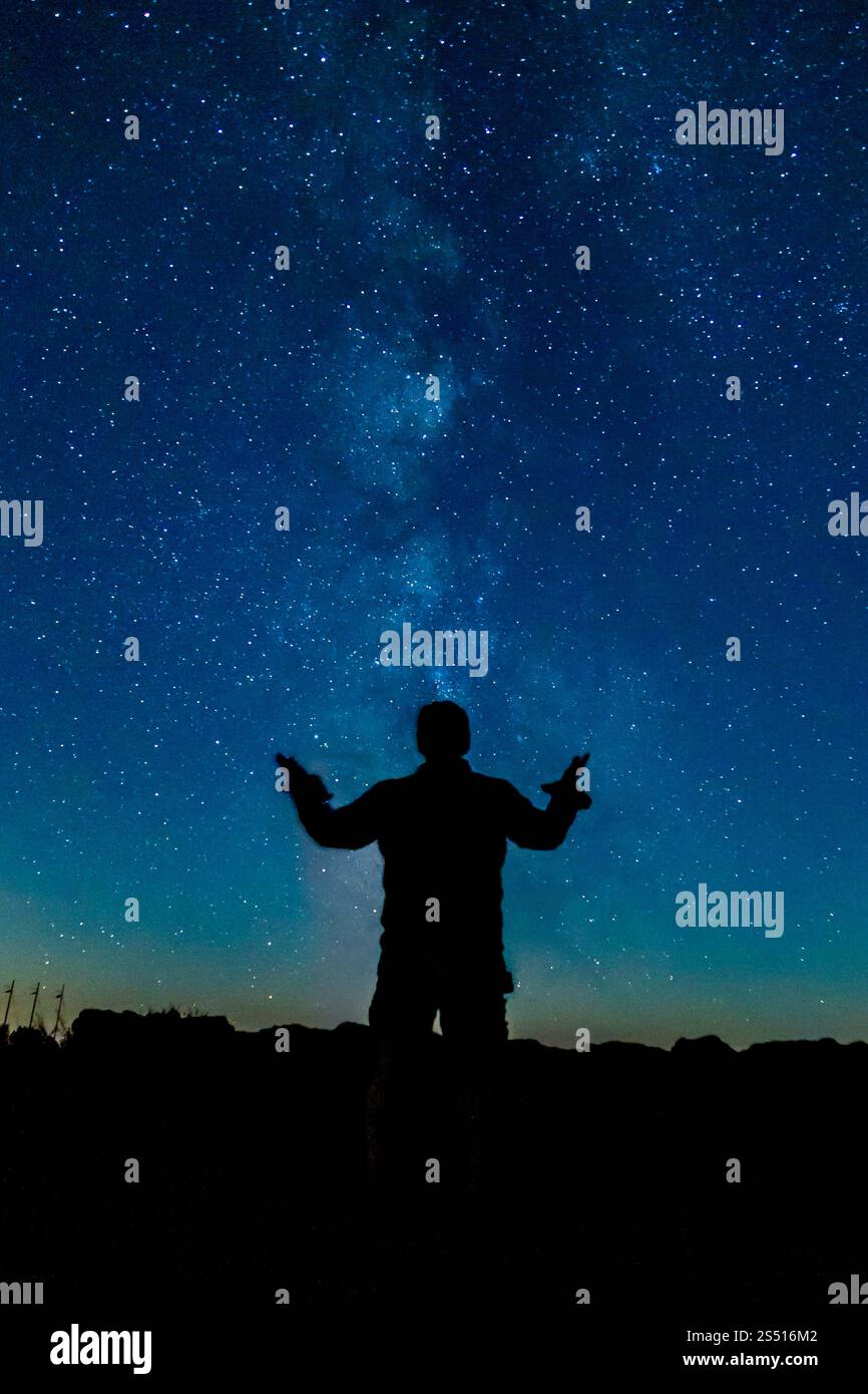 Sagoma di una persona che guarda le stelle sotto la via Lattea di notte Foto Stock