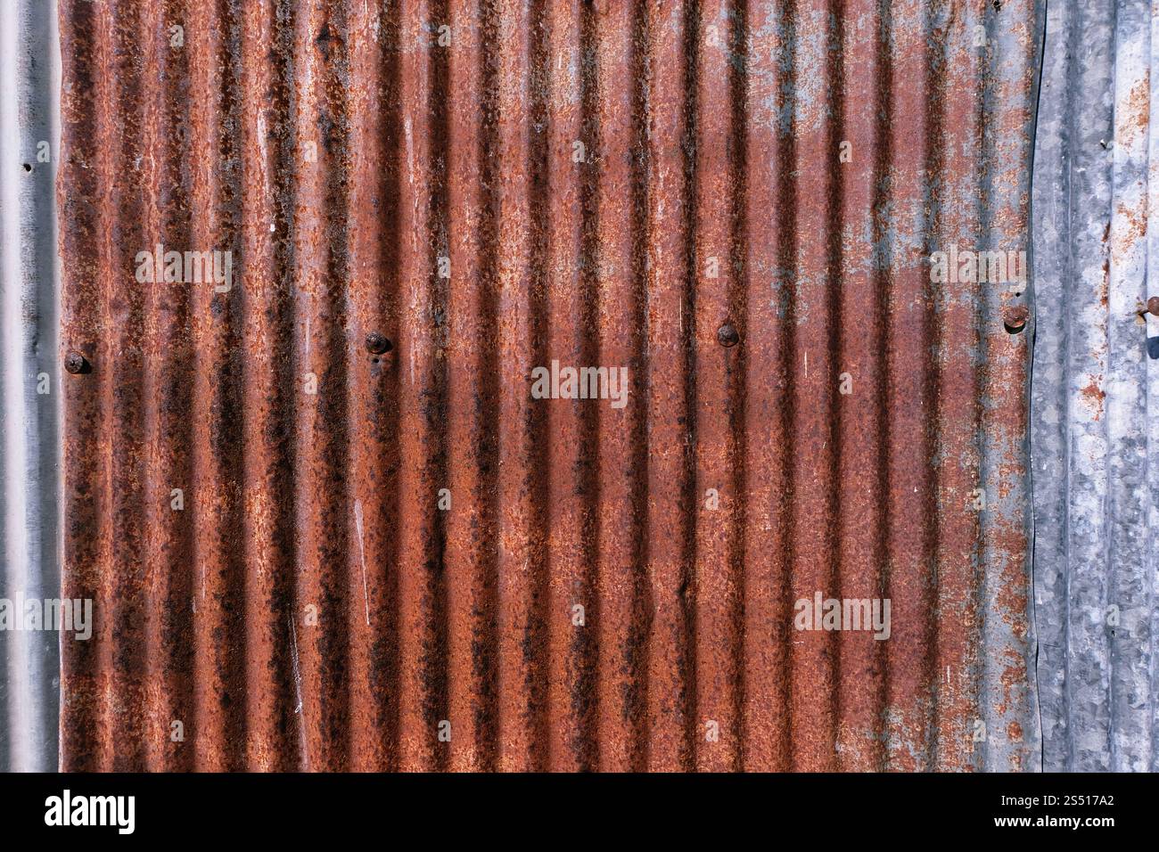 vecchio arrugginito galvanizzato. ruggine e graffiato acciaio tessuto corrugato ferro lato sfondo vintage Foto Stock
